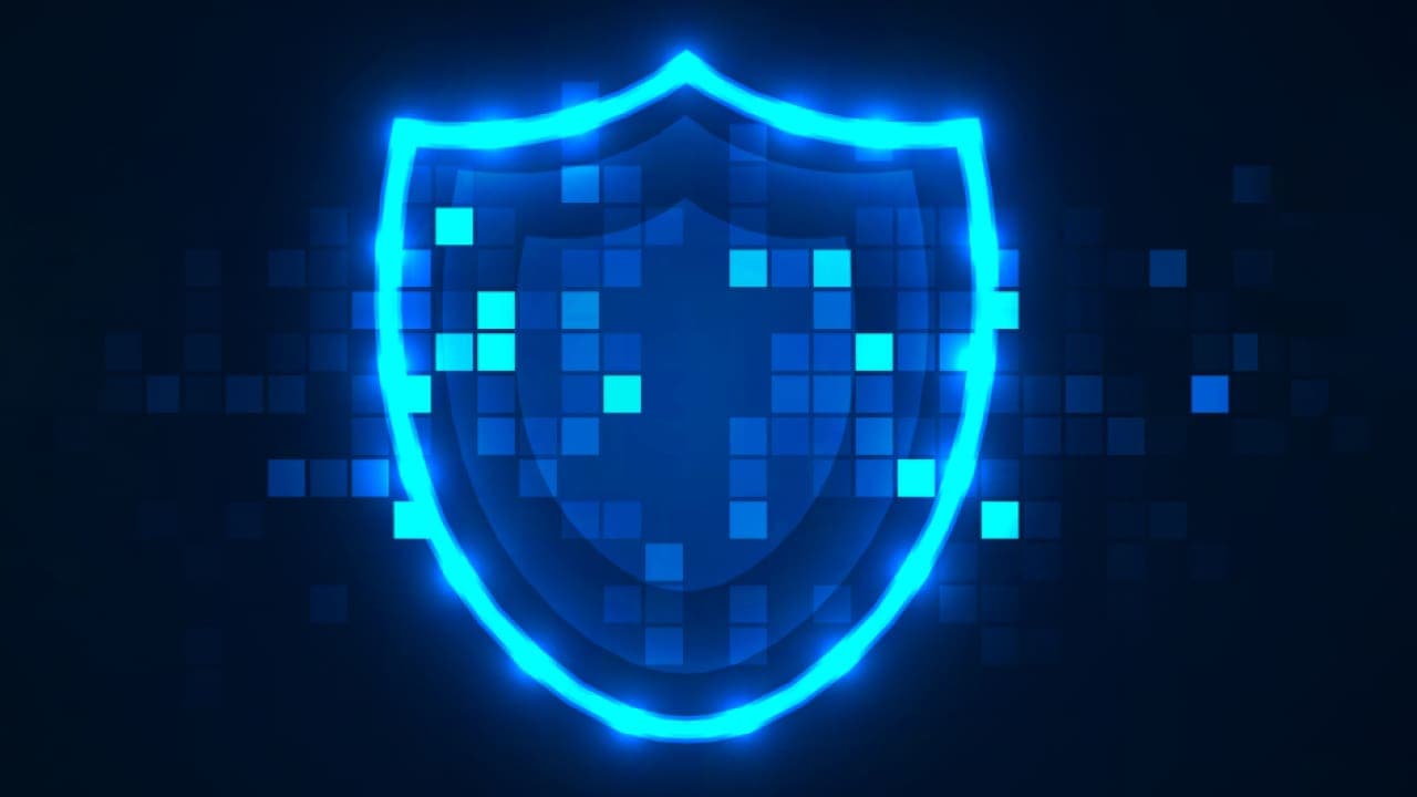 A shield made of blue blocks on a dark background